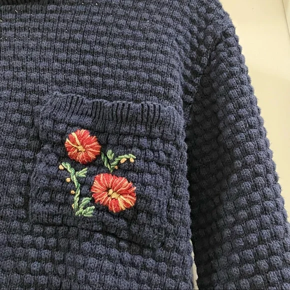 Vintage hand embroidered floral sweater M navy blue - Picture 3 of 9